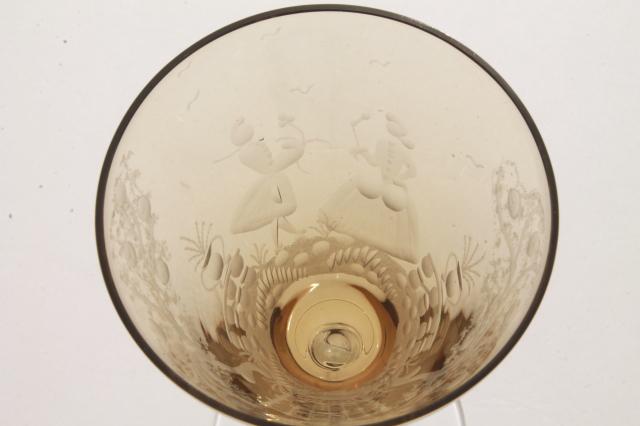 photo of vintage amber smoke etched cut glass colonial couple stemware, crystal twist stem glasses  #8