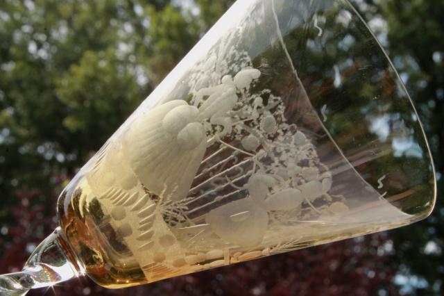 photo of vintage amber smoke etched cut glass colonial couple stemware, crystal twist stem glasses  #10