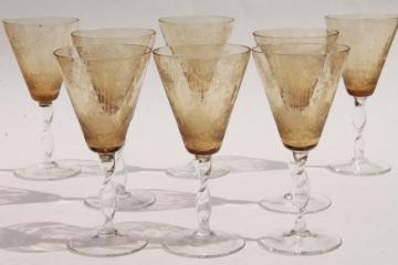 catalog photo of vintage amber smoke etched cut glass colonial couple stemware, crystal twist stem glasses 