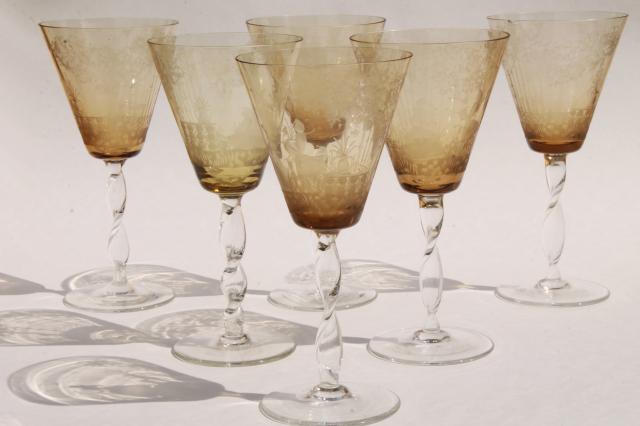 photo of vintage amber smoke etched cut glass colonial couple stemware, crystal twist stem glasses  #1