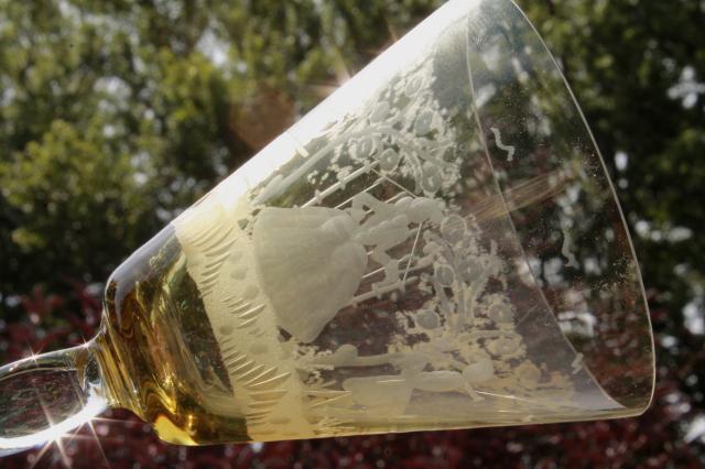 photo of vintage amber smoke etched cut glass colonial couple stemware, crystal twist stem glasses  #2