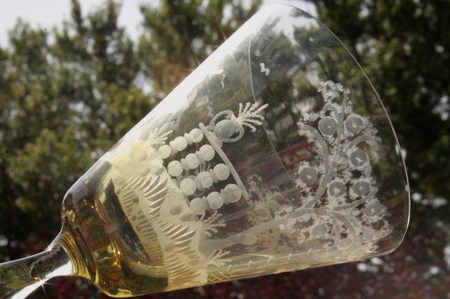 photo of vintage amber smoke etched cut glass colonial couple stemware, crystal twist stem glasses  #3