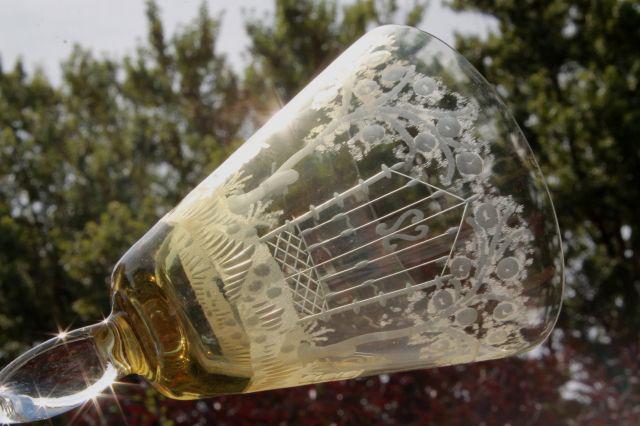 photo of vintage amber smoke etched cut glass colonial couple stemware, crystal twist stem glasses  #4