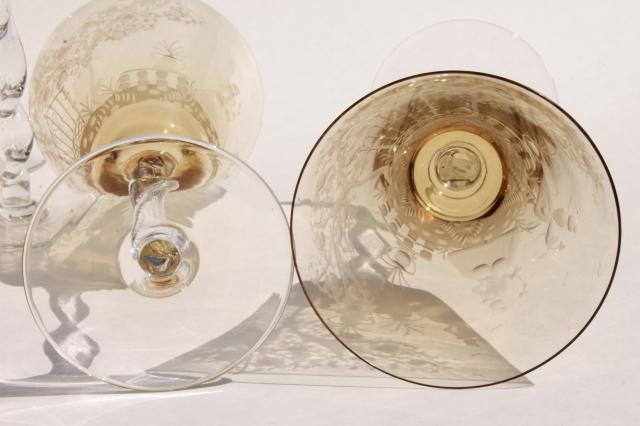 photo of vintage amber smoke etched cut glass colonial couple stemware, crystal twist stem glasses  #8