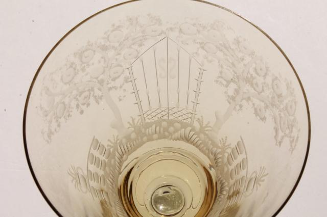 photo of vintage amber smoke etched cut glass colonial couple stemware, crystal twist stem glasses  #9