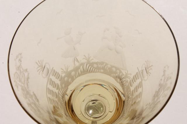 photo of vintage amber smoke etched cut glass colonial couple stemware, crystal twist stem glasses  #10