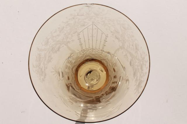 photo of vintage amber smoke etched cut glass colonial couple stemware, crystal twist stem glasses  #11