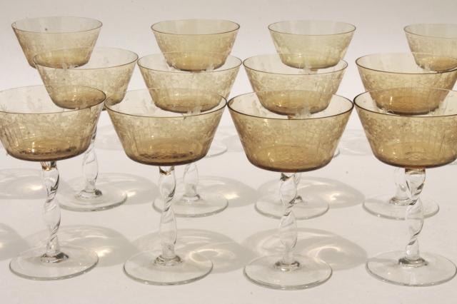 photo of vintage amber smoke etched cut glass colonial couple stemware, crystal twist stem glasses #1