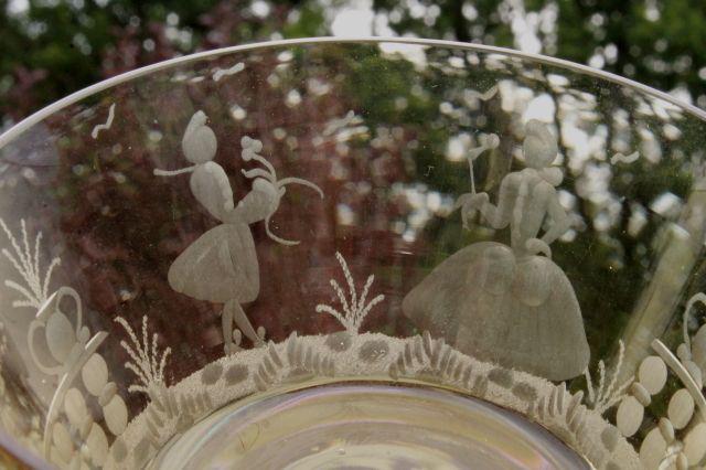 photo of vintage amber smoke etched cut glass colonial couple stemware, crystal twist stem glasses #4