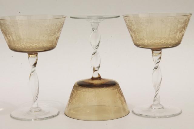 photo of vintage amber smoke etched cut glass colonial couple stemware, crystal twist stem glasses #6