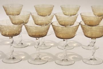 catalog photo of vintage amber smoke etched cut glass colonial couple stemware, crystal twist stem glasses