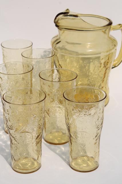 photo of vintage amber yellow depression glass Madrid pattern lemonade set, pitcher & drinking glasses #1