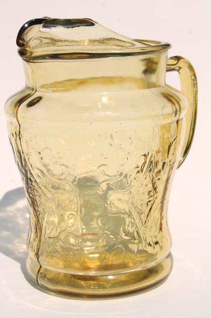 photo of vintage amber yellow depression glass Madrid pattern lemonade set, pitcher & drinking glasses #5