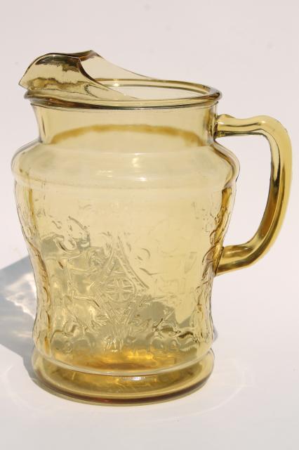 photo of vintage amber yellow depression glass Madrid pattern lemonade set, pitcher & drinking glasses #6