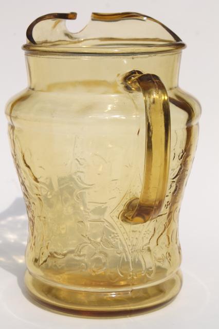 photo of vintage amber yellow depression glass Madrid pattern lemonade set, pitcher & drinking glasses #7