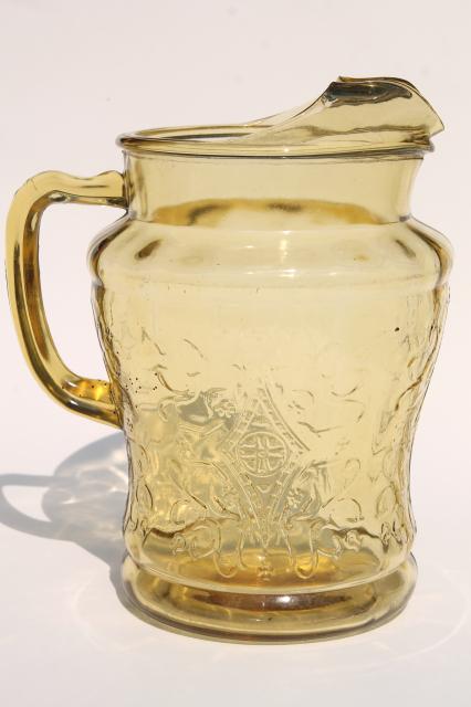 photo of vintage amber yellow depression glass Madrid pattern lemonade set, pitcher & drinking glasses #8