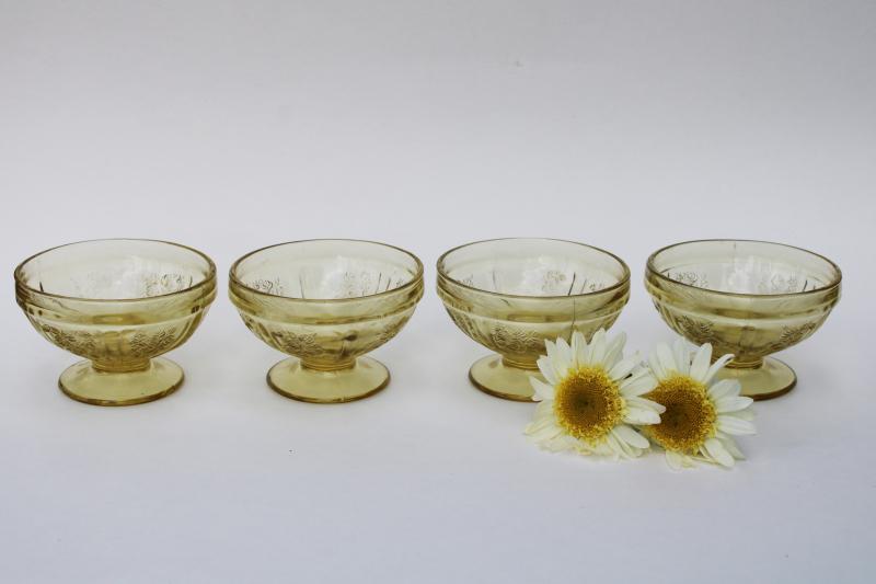 photo of vintage amber yellow depression glass sherbet dishes, Sharon cabbage rose pattern glassware #1
