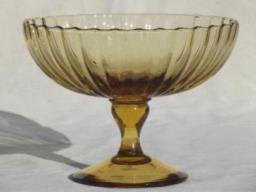 catalog photo of vintage amber yellow hand blown glass fruit stand, pedestal bowl compote