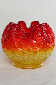 catalog photo of vintage amberina daisy & button glass ivy ball or rose bowl vase, crimped shape