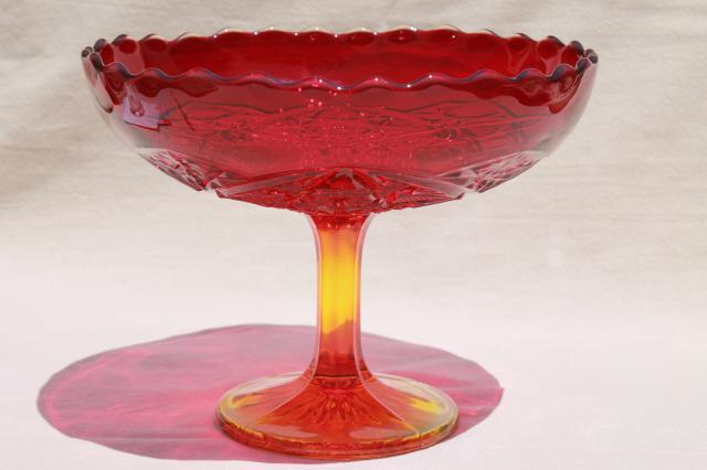 photo of vintage amberina glass compote bowl, red amber flame orange shaded glass #1