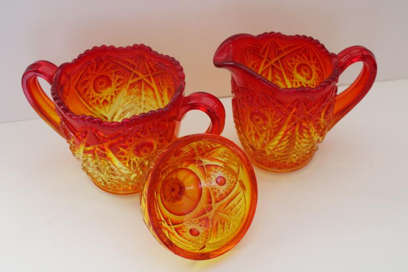 photo of vintage amberina glass, large cream pitcher & covered sugar bowl hobstar pattern #2