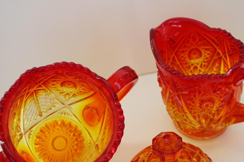 photo of vintage amberina glass, large cream pitcher & covered sugar bowl hobstar pattern #4