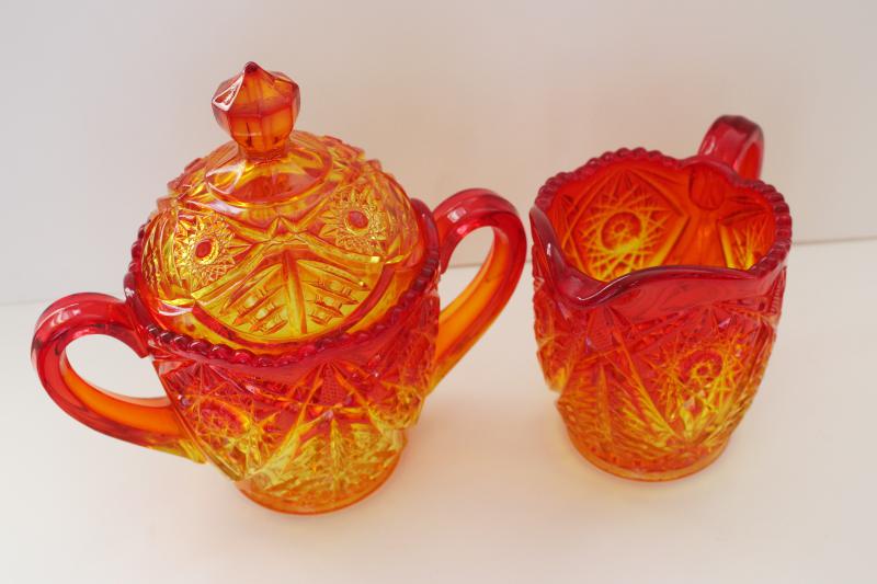 photo of vintage amberina glass, large cream pitcher & covered sugar bowl hobstar pattern #5