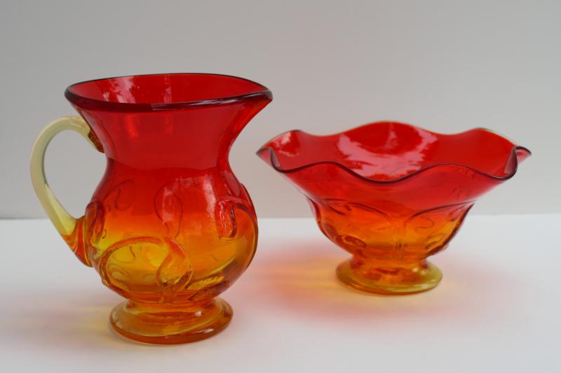 photo of vintage amberina glass pitcher & bowl, Kanawha West Virgina glass hand blown ivy vine #1