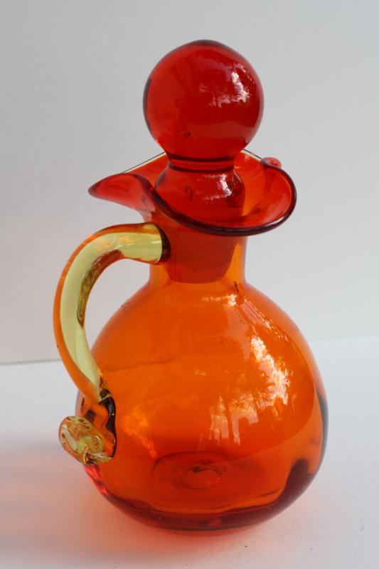 photo of vintage amberina orange cruet bottle & stopper, hand blown glass pitcher #2