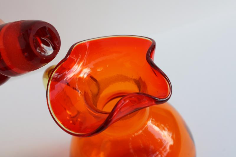 photo of vintage amberina orange cruet bottle & stopper, hand blown glass pitcher #3