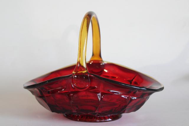 photo of vintage amberina red amber glass basket, Constellation pattern Indiana glass #1