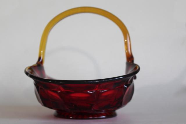 photo of vintage amberina red amber glass basket, Constellation pattern Indiana glass #4