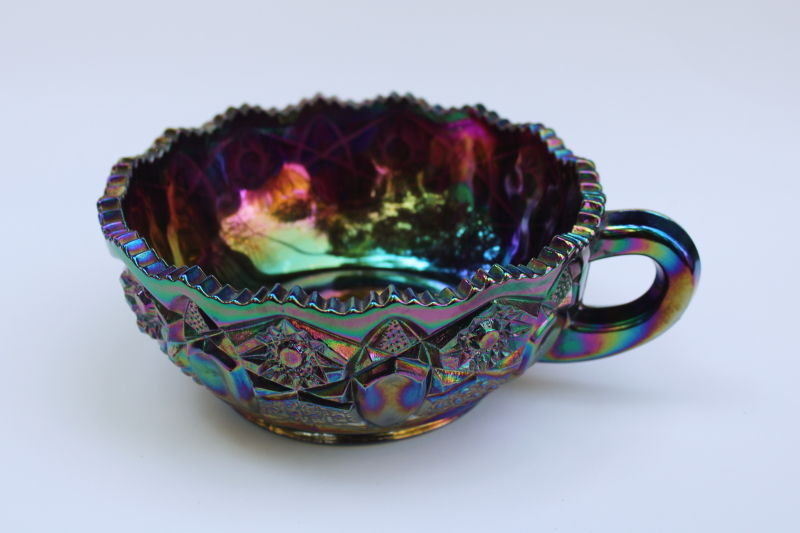 photo of vintage amethyst carnival glass candy dish, small bowl nappy w/ handle #1