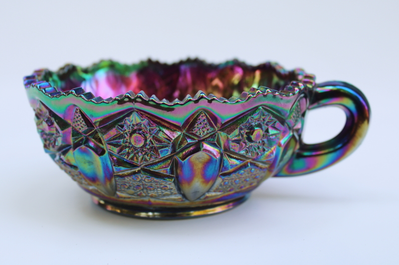 photo of vintage amethyst carnival glass candy dish, small bowl nappy w/ handle  #2
