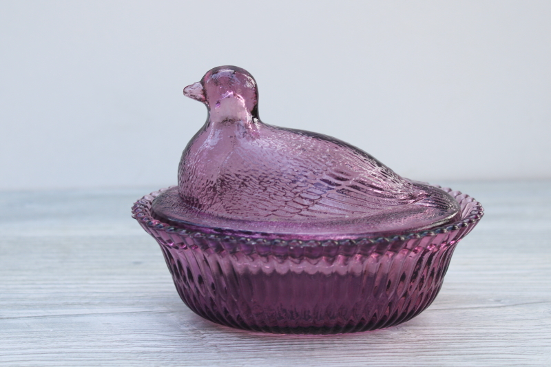photo of vintage amethyst glass dove bird covered dish, hen on nest style trinket box #1