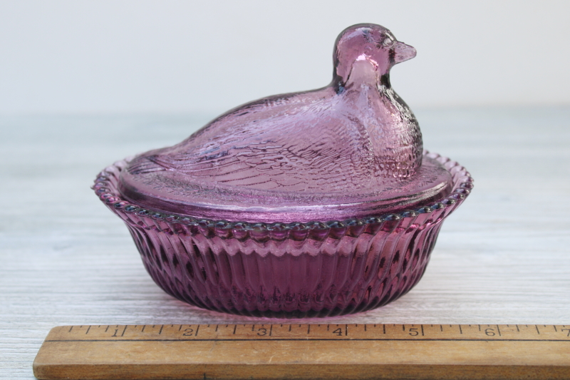 photo of vintage amethyst glass dove bird covered dish, hen on nest style trinket box #5