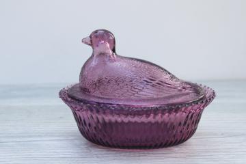 catalog photo of vintage amethyst glass dove bird covered dish, hen on nest style trinket box