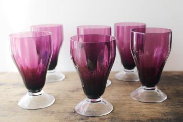 catalog photo of vintage amethyst glass iced tea tumblers or wine glasses, grape purple w/ crystal foot