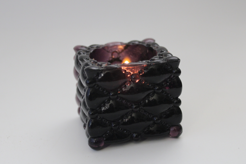 photo of vintage amethyst glass tea light candle holder, quilted diamond pattern glass #1