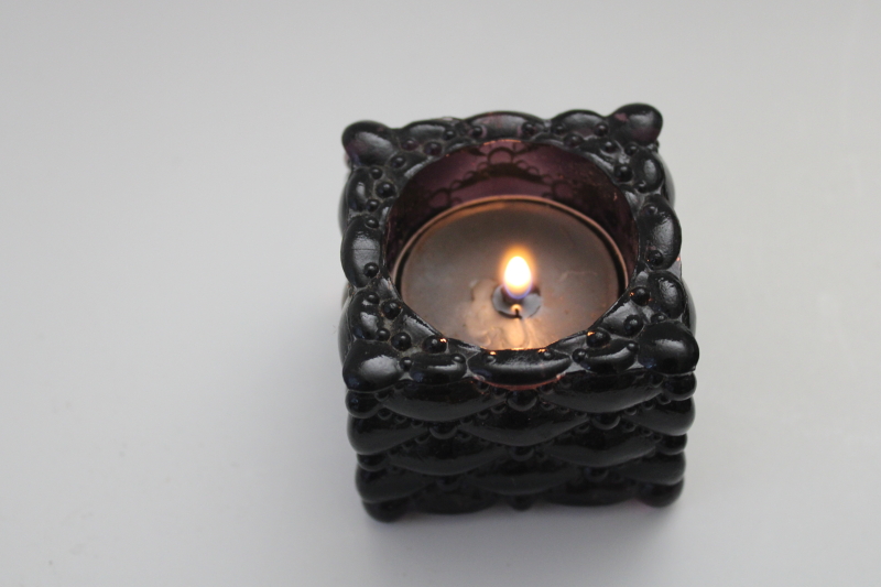 photo of vintage amethyst glass tea light candle holder, quilted diamond pattern glass #2