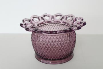 catalog photo of vintage amethyst purple Imperial glass rose bowl vase, open lace edge pattern