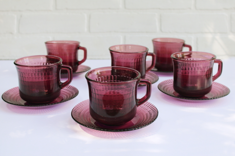 photo of vintage amethyst purple glass cups and saucers set of 6, Forte Crisa Mexico glass dinnerware  #1