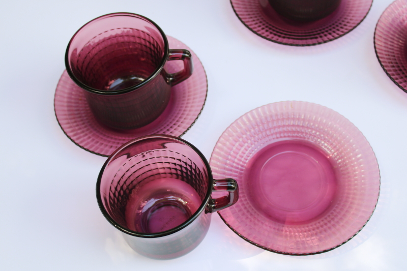 photo of vintage amethyst purple glass cups and saucers set of 6, Forte Crisa Mexico glass dinnerware  #2