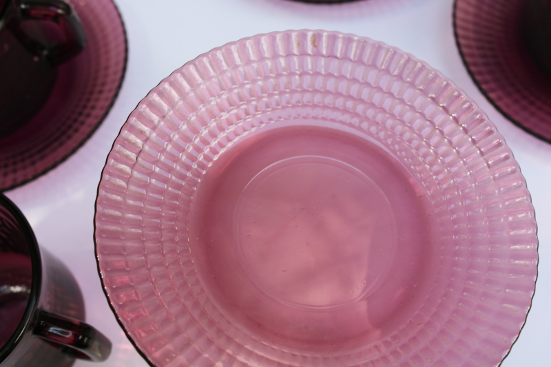 photo of vintage amethyst purple glass cups and saucers set of 6, Forte Crisa Mexico glass dinnerware  #3