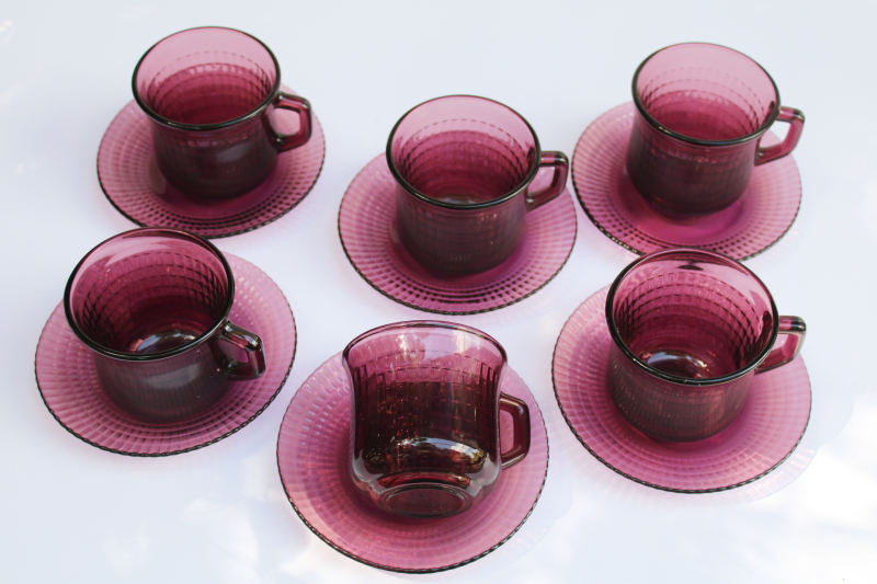 photo of vintage amethyst purple glass cups and saucers set of 6, Forte Crisa Mexico glass dinnerware  #5