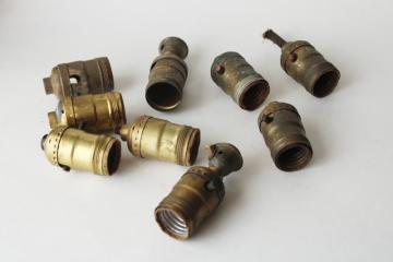 catalog photo of vintage & antique brass light bulb sockets restoration or parts lot, unusual old electrical wiring 