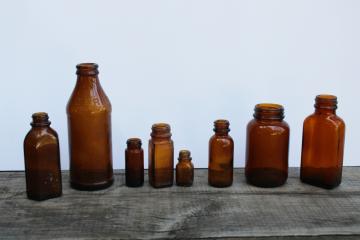 vintage & antique root beer brown glass bottles, lot of old amber glass medicine bottles 