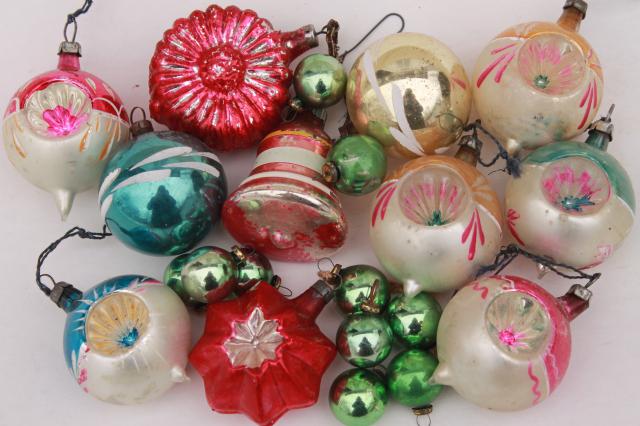 photo of vintage antique glass Christmas tree ornaments, shabby worn fancy window balls, bell, flower #1