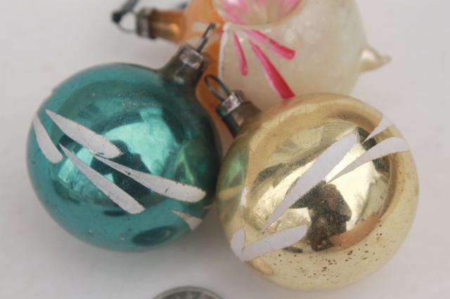 photo of vintage antique glass Christmas tree ornaments, shabby worn fancy window balls, bell, flower #8