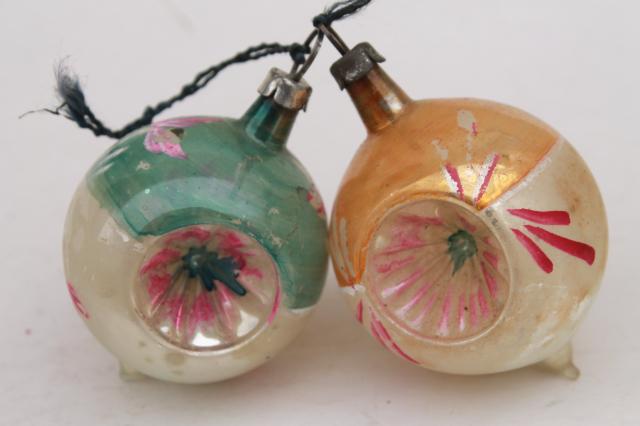 photo of vintage antique glass Christmas tree ornaments, shabby worn fancy window balls, bell, flower #9